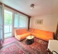 Living room in a two-room apartment with a carpet and an orange sofa.