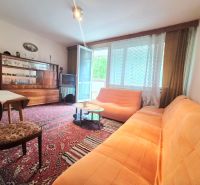 Living room in a 2-room apartment with an orange sofa, Persian carpet, and a display cabinet.