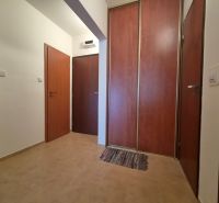 Tiling, wooden doors, and a built-in wardrobe in a 2-room apartment.