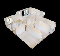3D floor plan of a family house with visible spatial arrangement of rooms.