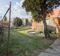 The garden of a family house on Mlynska Street in Piešťany with a lawn and trees.