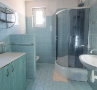 A bathroom in a family house with blue tiles, a shower corner, and a sink.