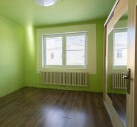 A room in a family house with a wooden decor floor and green walls.