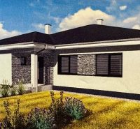 A family house in Dúbravka with stone cladding, a white facade, and a lawn in front of the house.