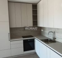 A kitchen in a studio apartment with white cabinets and a wood-patterned floor.