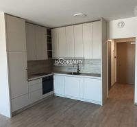A kitchen in light shades with a wood-patterned floor in a studio apartment.