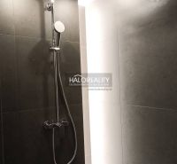 Bathroom with toilet in a studio apartment; shower corner and radiator.
