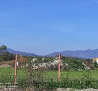 Plots - housing in Príbovce, green meadow with a hill, trees and fencing.