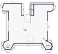 The floor plan of an office in a cabin with an area of 21 m² and four alcoves.