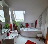 Bathroom in a family house with a bathtub and a skylight, red and white tiles.