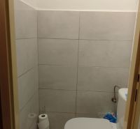Bathroom with toilet and tiles in a 2-room apartment.