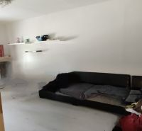 Living room in a 2-room apartment with white walls and a black sofa.
