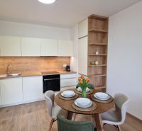 A kitchen in a 2-room apartment with a wooden decor floor and fresh flowers on the table.