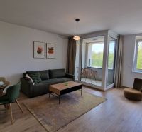 Living room in a two-room apartment with a wooden decor floor and a glazed loggia.