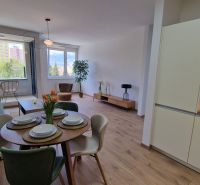 Living room with a kitchenette in a 2-room apartment with a wooden decor floor.