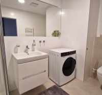Bathroom in a 2-room apartment with a washing machine, shower, and sink.