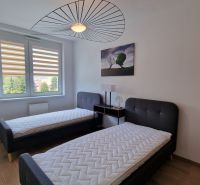 A bedroom in a 2-room apartment with two beds and a floor with a wooden decor.