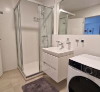 Bathroom in a 2-room apartment with a shower, sink, and washing machine.