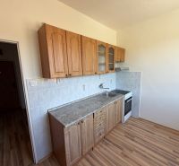 A kitchen in a studio apartment with a wood-patterned floor and a simple kitchenette.