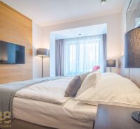 Recreational apartment with a comfortable bed, wooden decor flooring, and large windows.