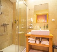 Bathroom in a holiday apartment with a glass shower enclosure and wooden furniture.