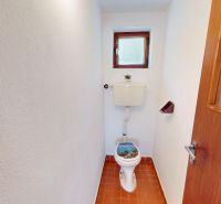Toilet in a family house with ceramic tiles and a wooden door.