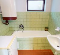 A bathroom in a family house with a sink and a bathtub, green tiles with a floral pattern.