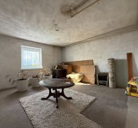 Living room of a family house with an oval table and a carpet on the floor.
