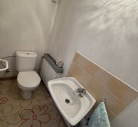 Bathroom in a family house with a toilet, sink, and carpet decor.