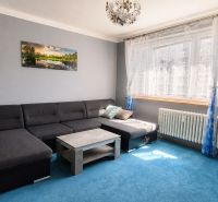Living room in a three-room apartment with a dark sofa on a blue carpet.