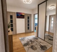A hallway in a 3-room apartment with a wooden decor floor and a mirrored wardrobe.