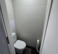 A toilet in a 3-room apartment with minimalist gray tiles and a dark floor.