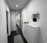 A hallway in a 3-room apartment with a mirrored wardrobe and a decorative carpet.