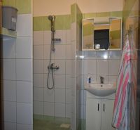 Bathroom in a 3-room apartment with tiling and a shower.