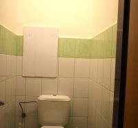 A bathroom with green and white tiles and a toilet in a 3-room apartment.