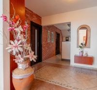 Interior of a 4-room apartment with ceramic flooring, brick cladding, and decorative greenery.