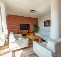 Living room in a 4-room apartment with a brick wall and a floor with a wooden decor.