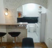 Kitchen corner with a bar, brick arch, wooden decor flooring, 2-room apartment.