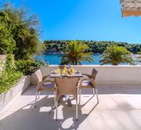 A terrace with a sea view in a holiday apartment on Brač, surrounded by nature and palm trees.