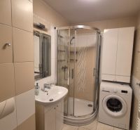 Bathroom with a sink, shower, and washing machine in a holiday apartment.