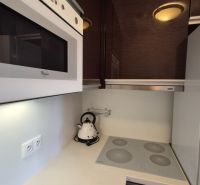 A kitchen of a holiday apartment with a microwave, a hob, and an electric kettle.
