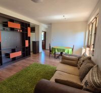 A recreational apartment with a wooden decor floor, a sofa, and a colorful wall unit.