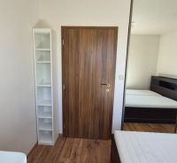 Recreational apartment with a bed, wardrobe, and wooden decor flooring.