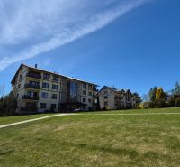 A recreational apartment in Stará Lesná in the High Tatras, surrounded by lawn and trees.