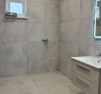 A bathroom in a family house with tiles, a mirror, and a shower corner, barrier-free access.