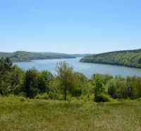 View from the recreational lands in Nová Kelča to the lake surrounded by forests.