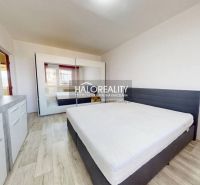 Bedroom in a two-room apartment with a wooden decor floor and a wardrobe.