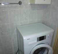 Bathroom in a 2-room apartment with a mirror, washing machine, and storage cabinets.