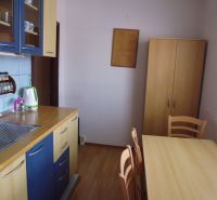 A kitchen in a 2-room apartment with a wooden decor floor, a dining table, and shelves.