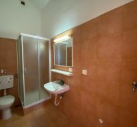A bathroom in a holiday apartment with a sink and a shower.